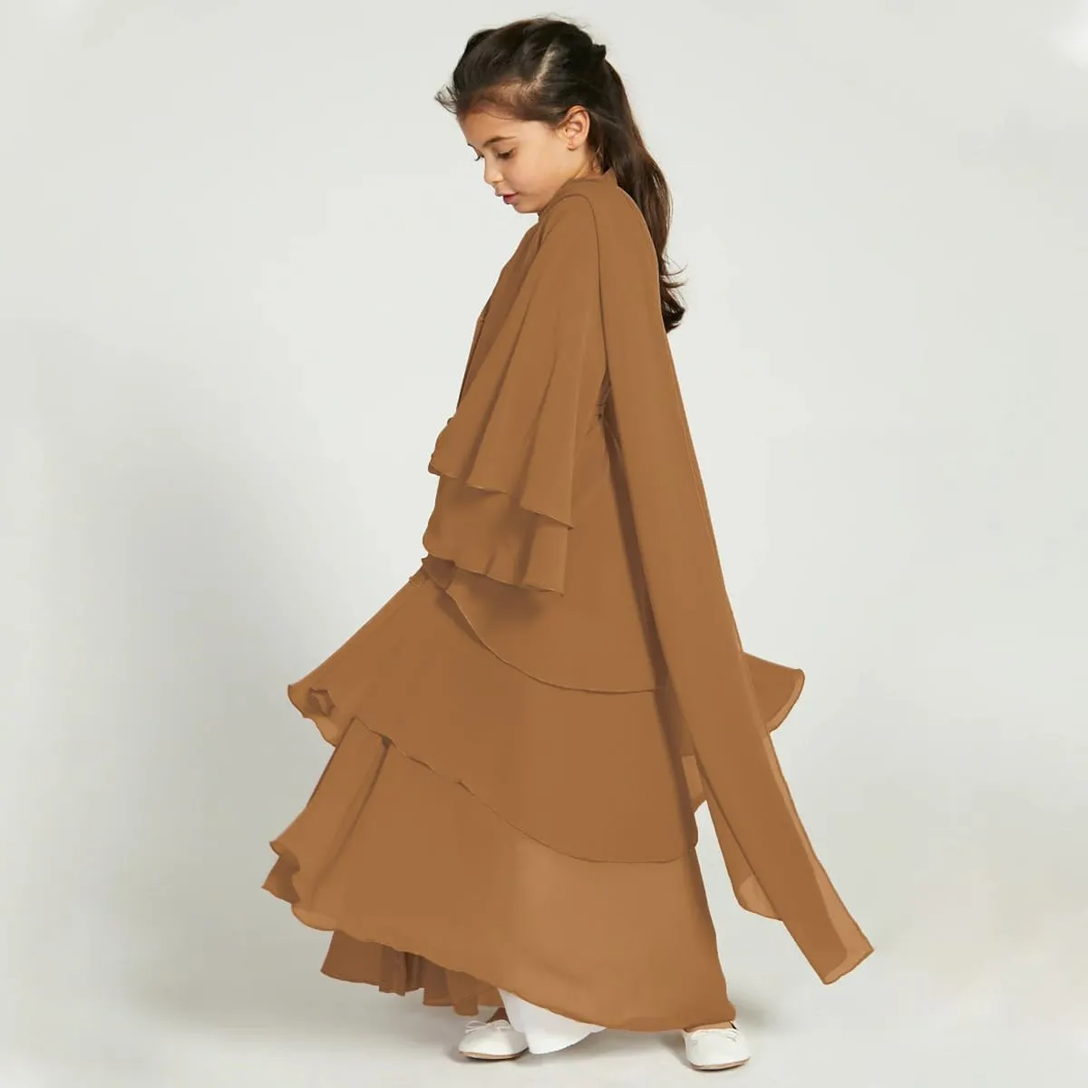 Kids Abayas Dress for Girls Muslim Dress with Hijab Chiffon Layered Islam Kaftan Robe Open Front Cardigan Prayer Dress