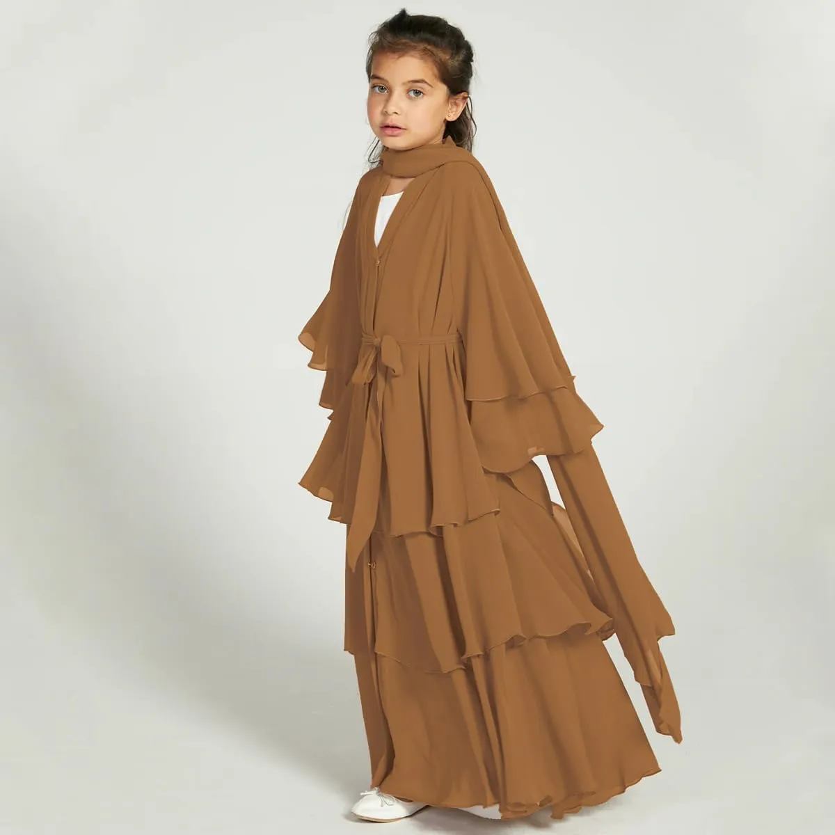 Kids Abayas Dress for Girls Muslim Dress with Hijab Chiffon Layered Islam Kaftan Robe Open Front Cardigan Prayer Dress