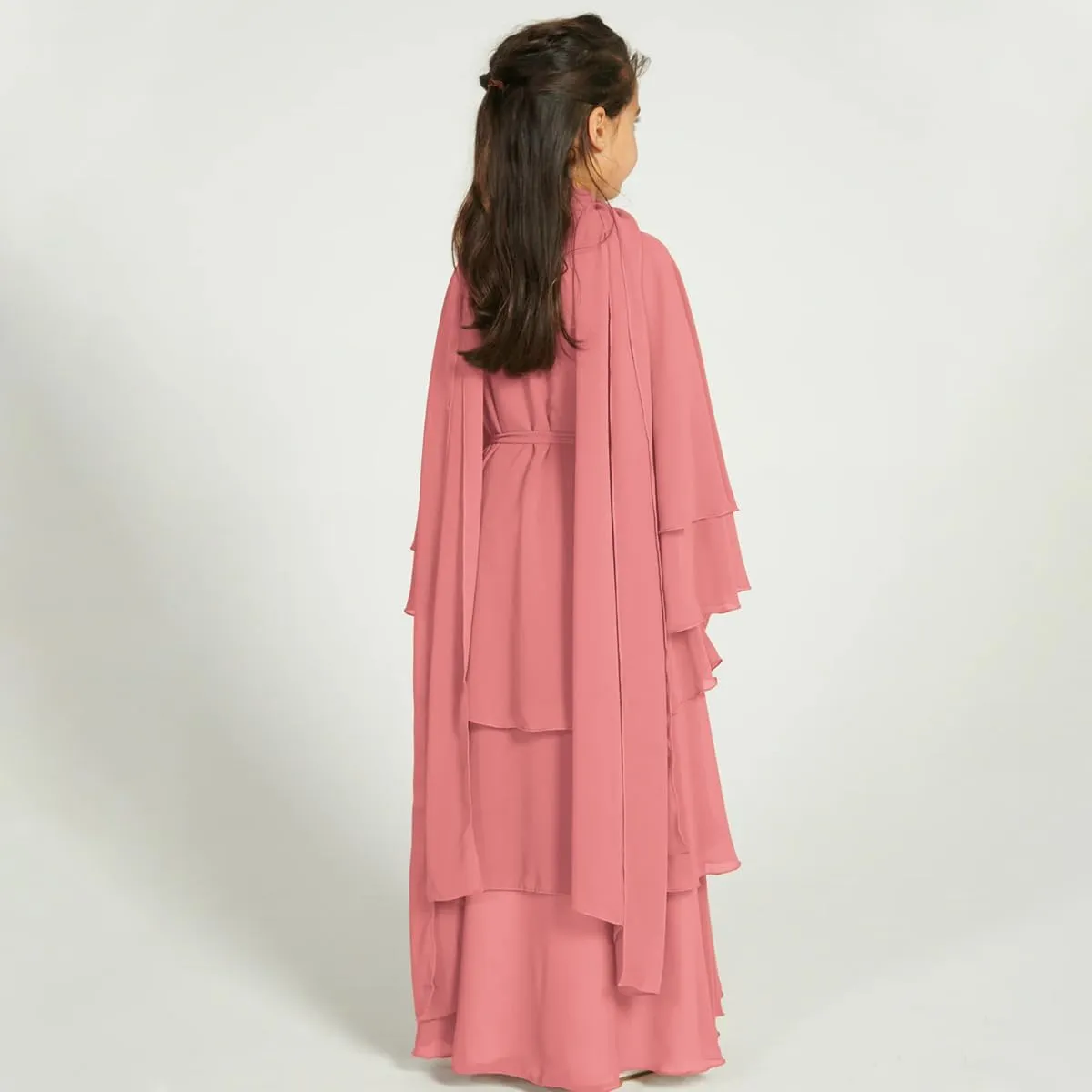 Kids Abayas Dress for Girls Muslim Dress with Hijab Chiffon Layered Islam Kaftan Robe Open Front Cardigan Prayer Dress
