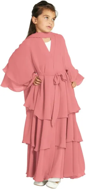 Kids Abayas Dress for Girls Muslim Dress with Hijab Chiffon Layered Islam Kaftan Robe Open Front Cardigan Prayer Dress