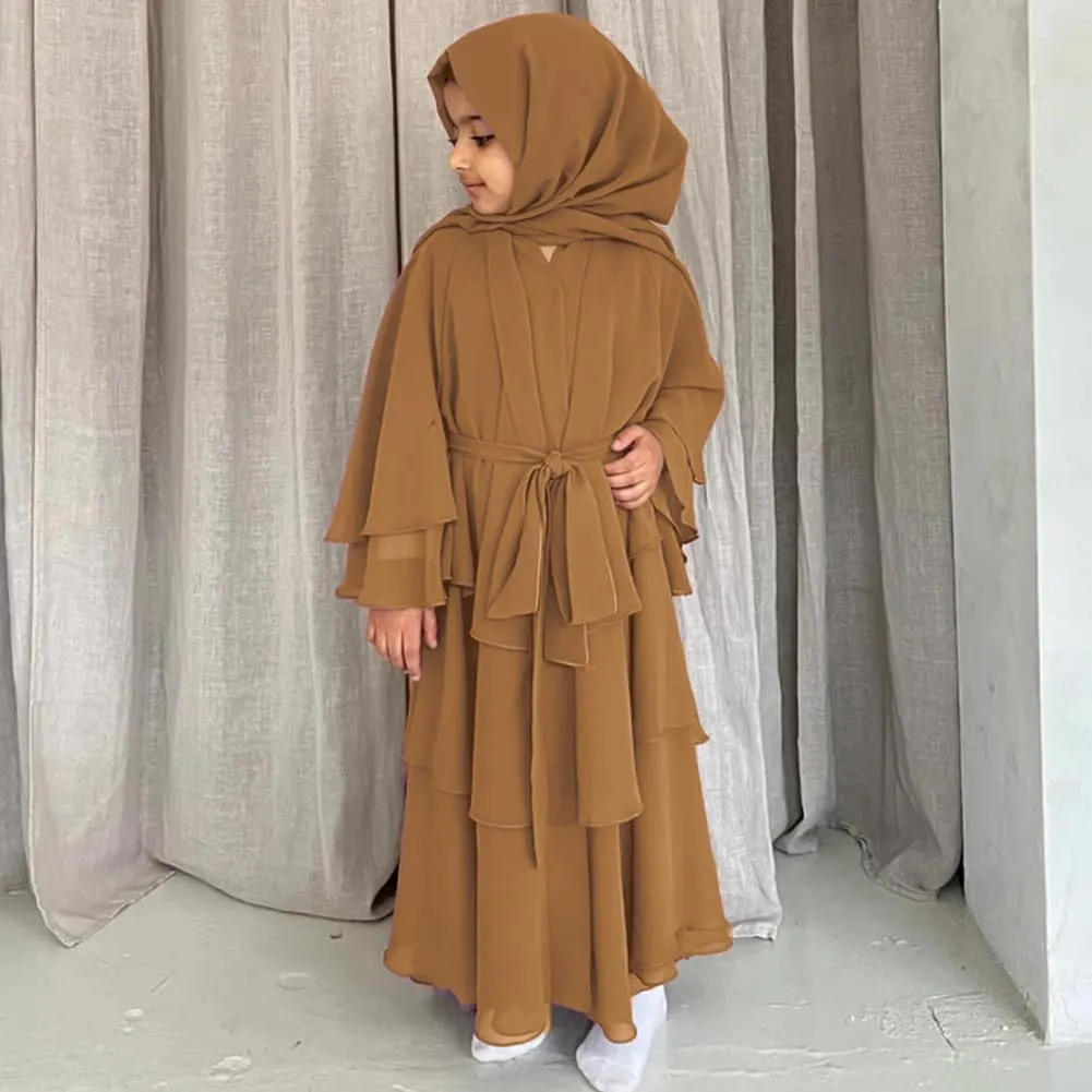 Kids Abayas Dress for Girls Muslim Dress with Hijab Chiffon Layered Islam Kaftan Robe Open Front Cardigan Prayer Dress