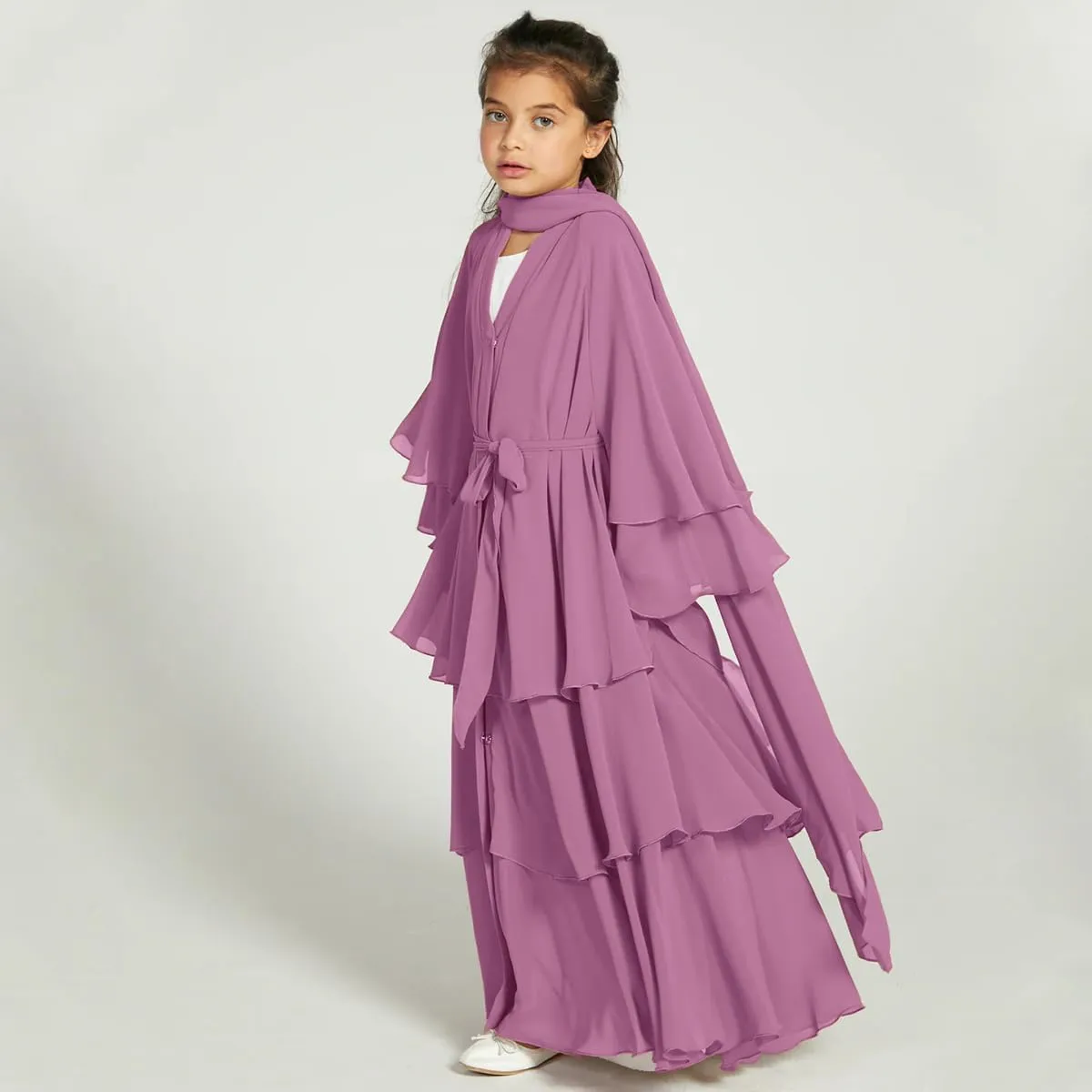 Kids Abayas Dress for Girls Muslim Dress with Hijab Chiffon Layered Islam Kaftan Robe Open Front Cardigan Prayer Dress
