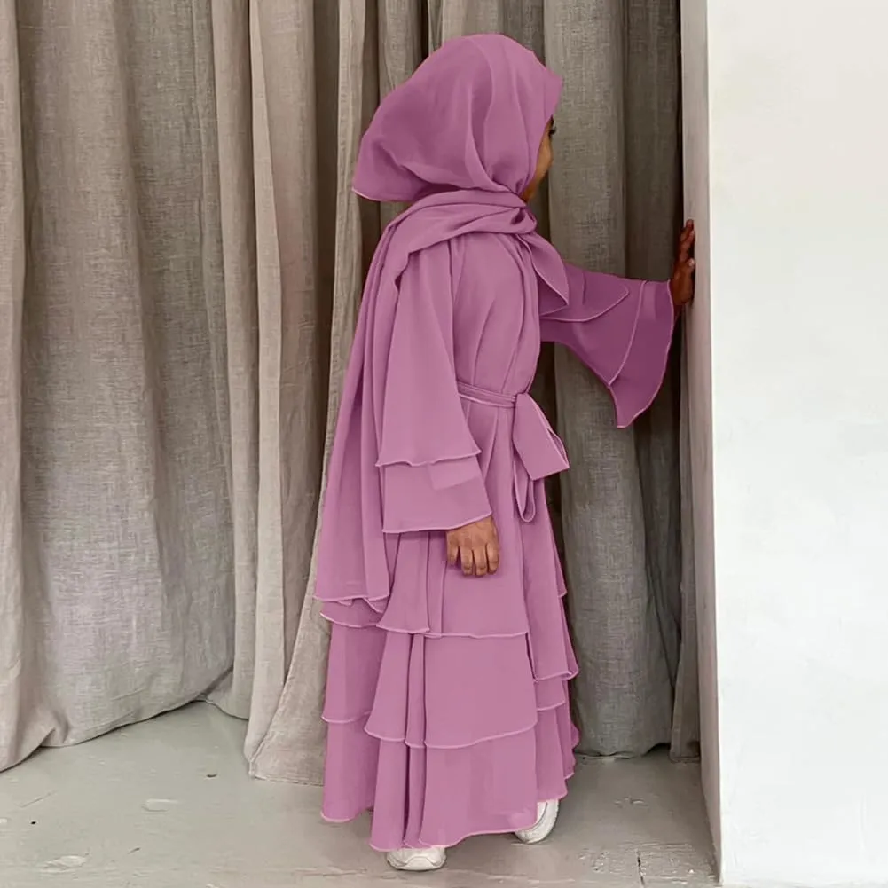 Kids Abayas Dress for Girls Muslim Dress with Hijab Chiffon Layered Islam Kaftan Robe Open Front Cardigan Prayer Dress