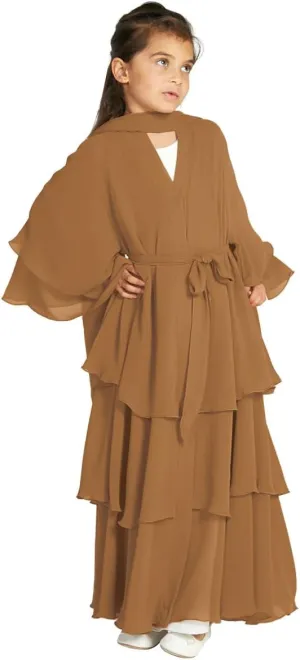 Kids Abayas Dress for Girls Muslim Dress with Hijab Chiffon Layered Islam Kaftan Robe Open Front Cardigan Prayer Dress