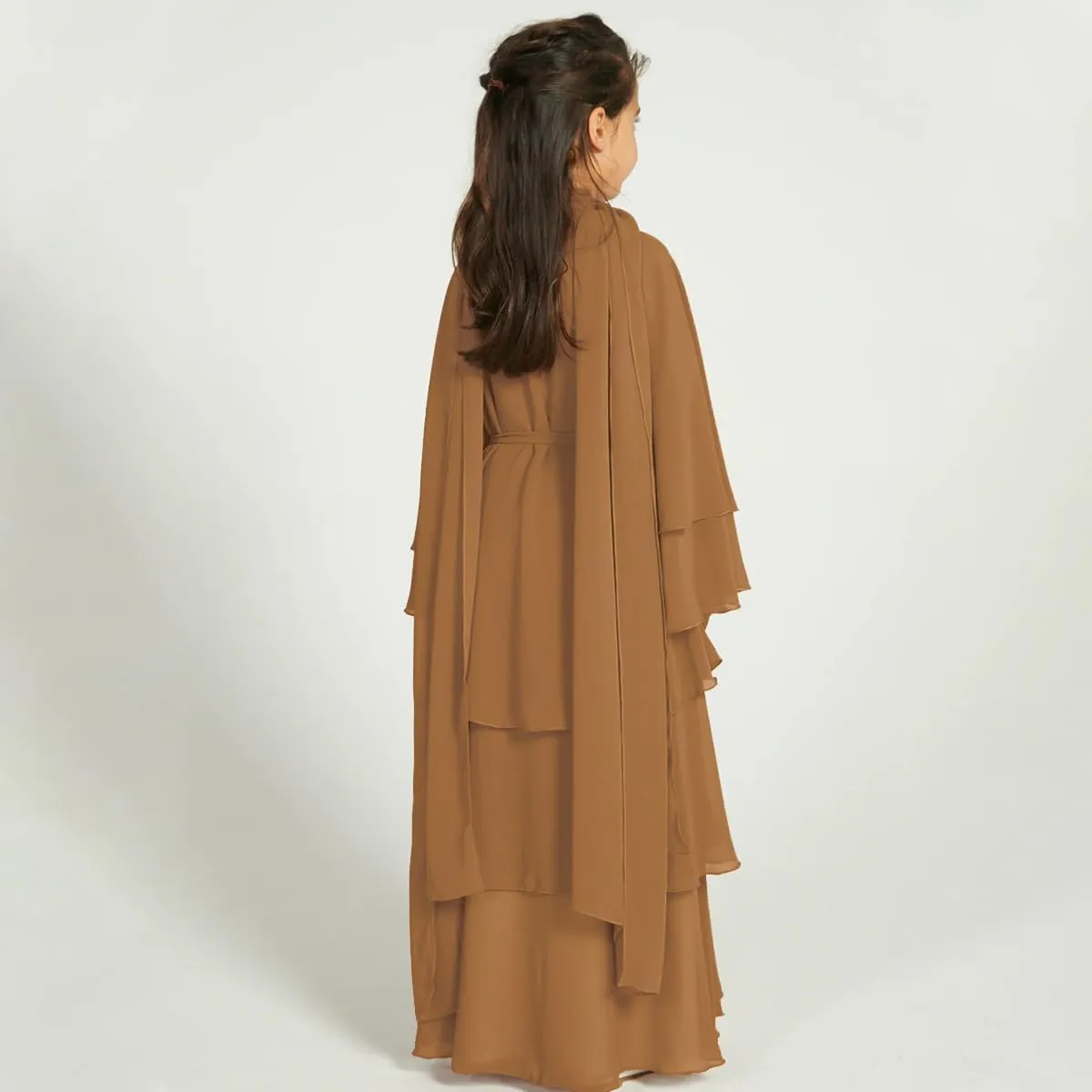 Kids Abayas Dress for Girls Muslim Dress with Hijab Chiffon Layered Islam Kaftan Robe Open Front Cardigan Prayer Dress