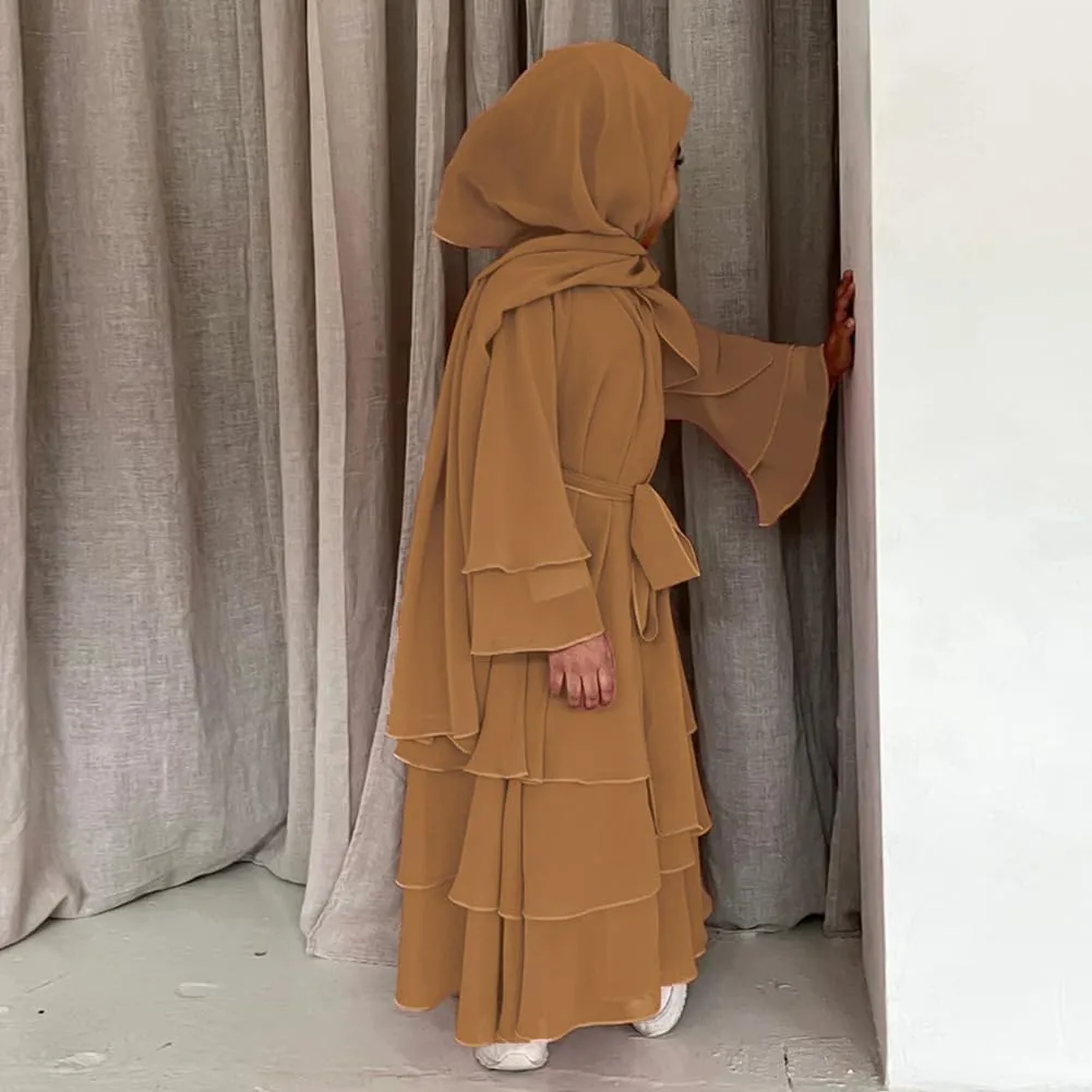 Kids Abayas Dress for Girls Muslim Dress with Hijab Chiffon Layered Islam Kaftan Robe Open Front Cardigan Prayer Dress
