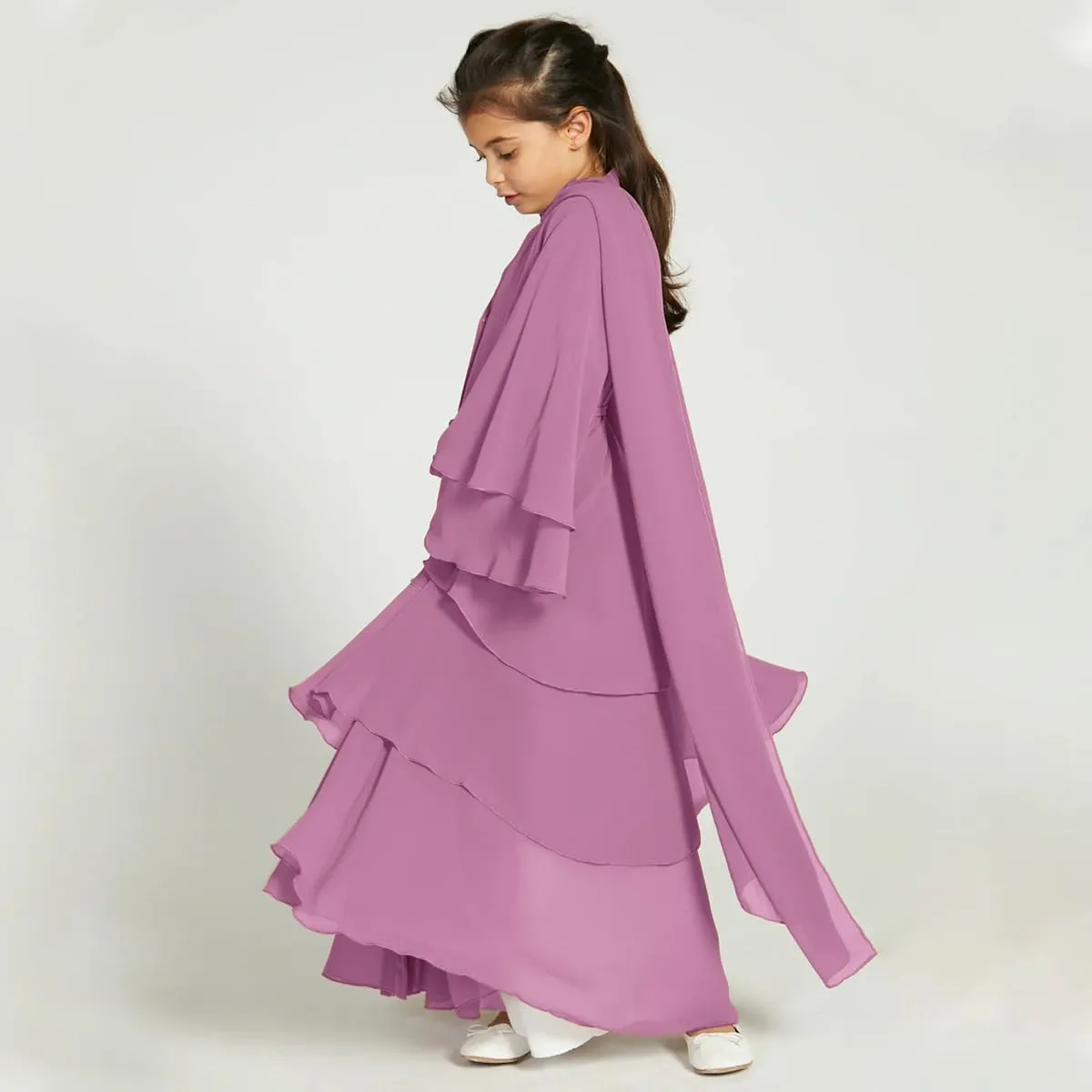 Kids Abayas Dress for Girls Muslim Dress with Hijab Chiffon Layered Islam Kaftan Robe Open Front Cardigan Prayer Dress