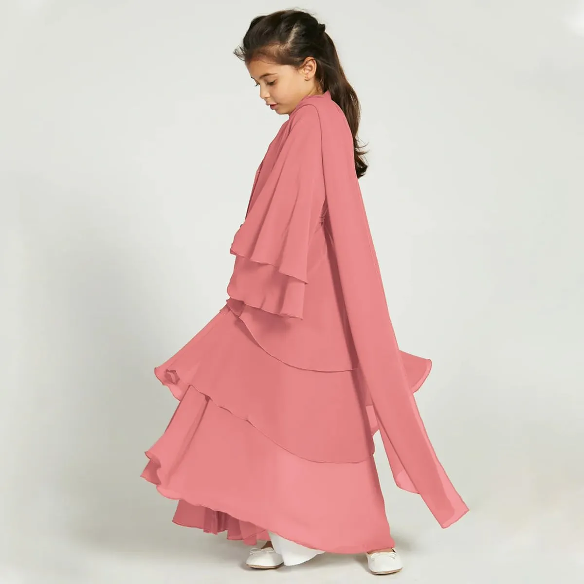 Kids Abayas Dress for Girls Muslim Dress with Hijab Chiffon Layered Islam Kaftan Robe Open Front Cardigan Prayer Dress