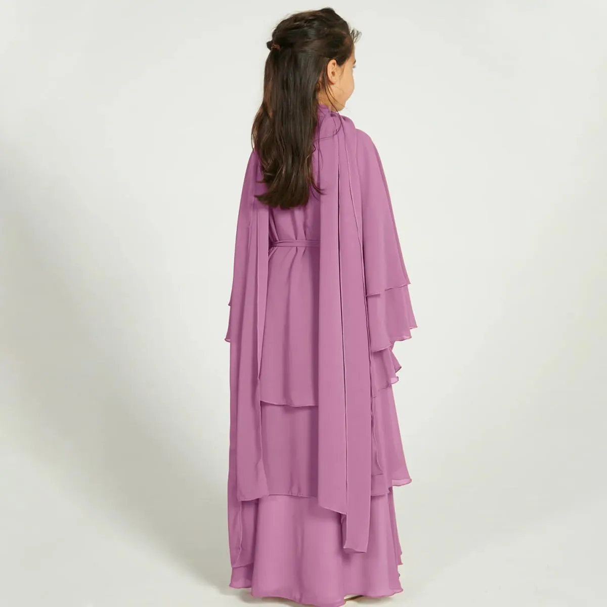 Kids Abayas Dress for Girls Muslim Dress with Hijab Chiffon Layered Islam Kaftan Robe Open Front Cardigan Prayer Dress