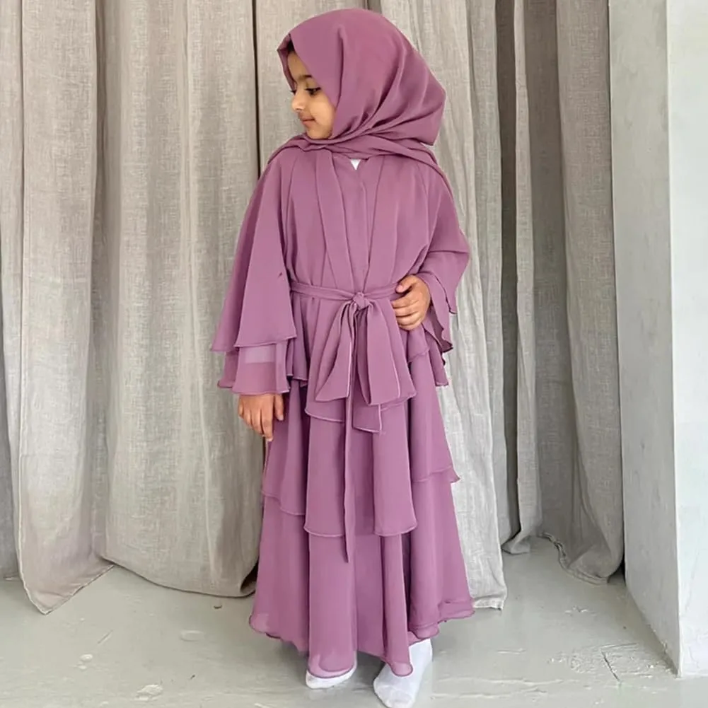 Kids Abayas Dress for Girls Muslim Dress with Hijab Chiffon Layered Islam Kaftan Robe Open Front Cardigan Prayer Dress