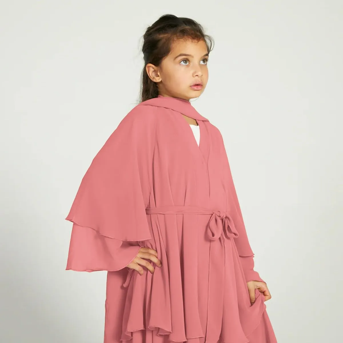 Kids Abayas Dress for Girls Muslim Dress with Hijab Chiffon Layered Islam Kaftan Robe Open Front Cardigan Prayer Dress