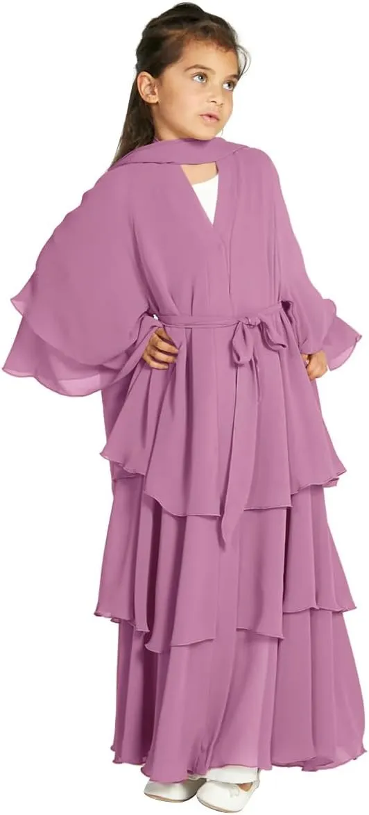 Kids Abayas Dress for Girls Muslim Dress with Hijab Chiffon Layered Islam Kaftan Robe Open Front Cardigan Prayer Dress