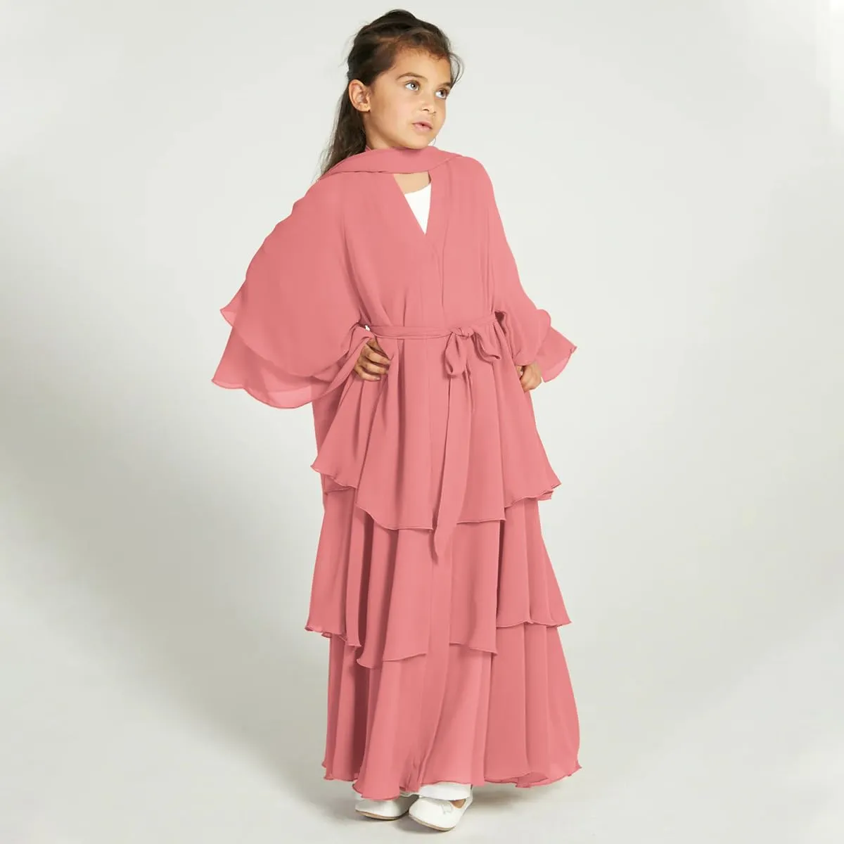 Kids Abayas Dress for Girls Muslim Dress with Hijab Chiffon Layered Islam Kaftan Robe Open Front Cardigan Prayer Dress
