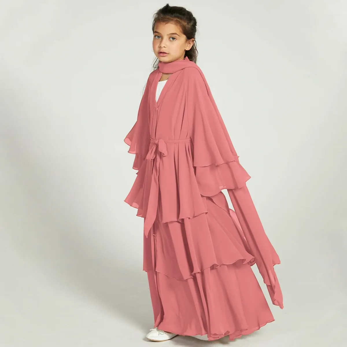 Kids Abayas Dress for Girls Muslim Dress with Hijab Chiffon Layered Islam Kaftan Robe Open Front Cardigan Prayer Dress