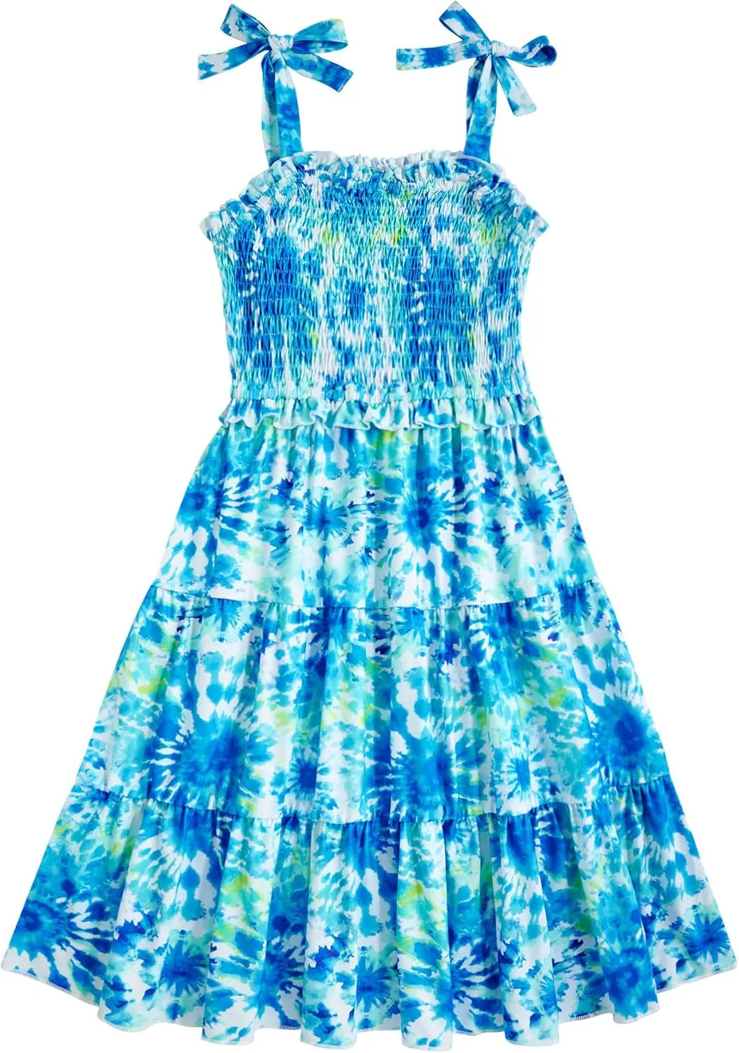 Kids4ever Girls Spaghetti Strap Dress 6-12Y Kids Sleeveless Cami Dresses Summer Beach Smocked Tiered Sundress with Pockets