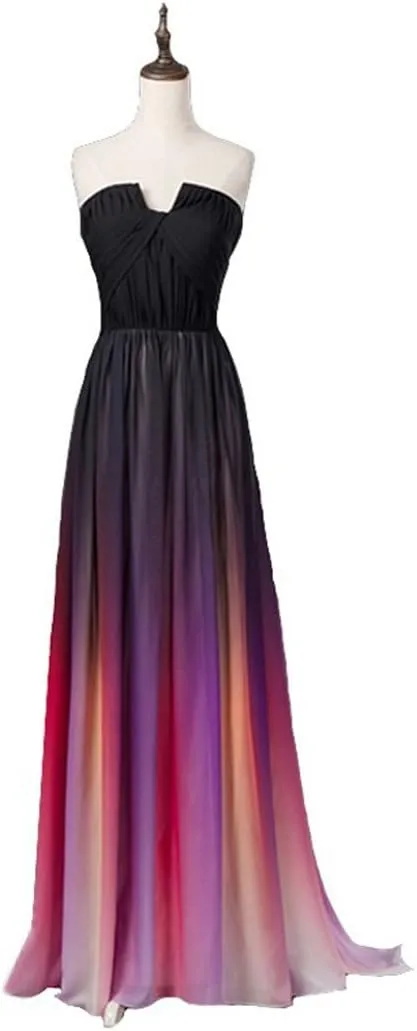 Kivary Sweetheart Ruched A Line Chiffon Sweep Train Gradient Prom Evening Dresses