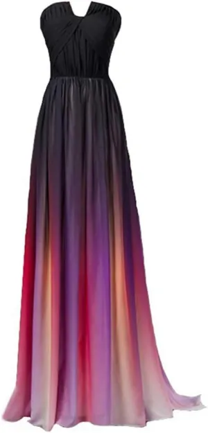 Kivary Sweetheart Ruched A Line Chiffon Sweep Train Gradient Prom Evening Dresses