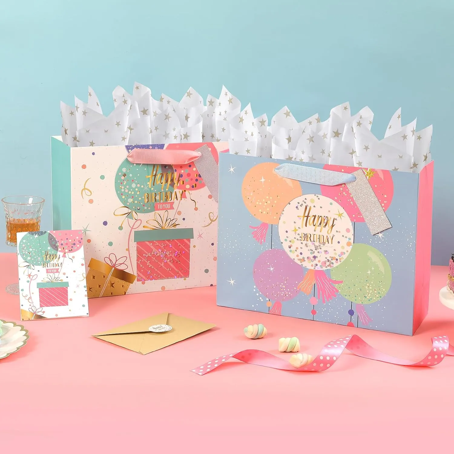 KomoLeay 2 Pack 13" Birthday Gift Bags set,Large Gift Bags With Tissue Paper(Cards,envelopes,Stickers) for Birthdays, Party Favor,Baby Shower-10" X 5" X 13"