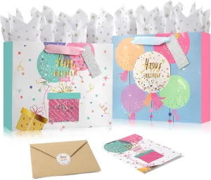 KomoLeay 2 Pack 13" Birthday Gift Bags set,Large Gift Bags With Tissue Paper(Cards,envelopes,Stickers) for Birthdays, Party Favor,Baby Shower-10" X 5" X 13"