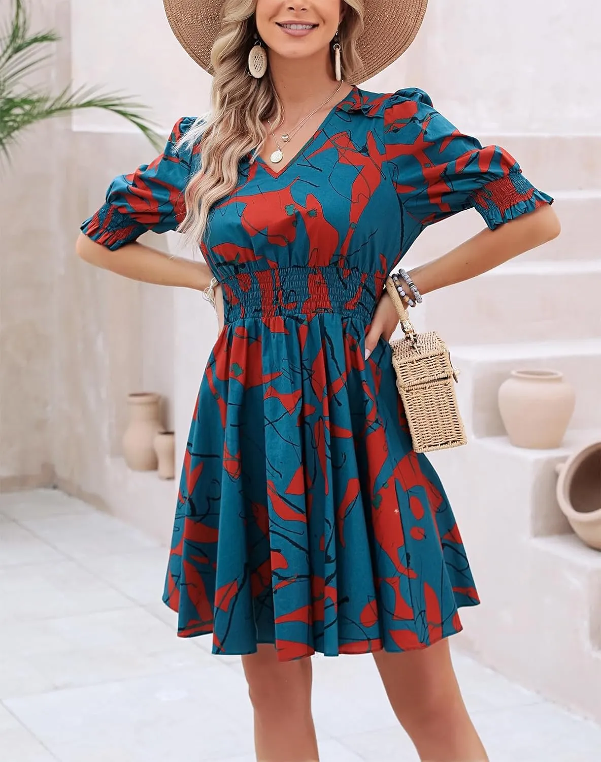 Kormei Women's Floral Print V Neck Dress Short Puff Sleeve Smocked Waist Ruffle Hem Flare Short Dress