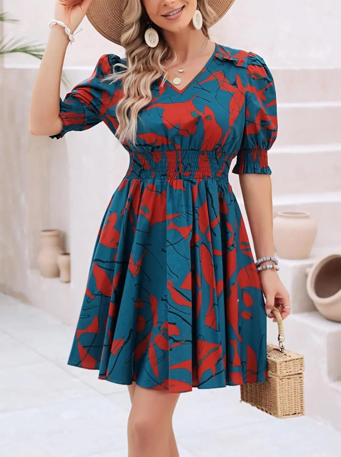 Kormei Women's Floral Print V Neck Dress Short Puff Sleeve Smocked Waist Ruffle Hem Flare Short Dress