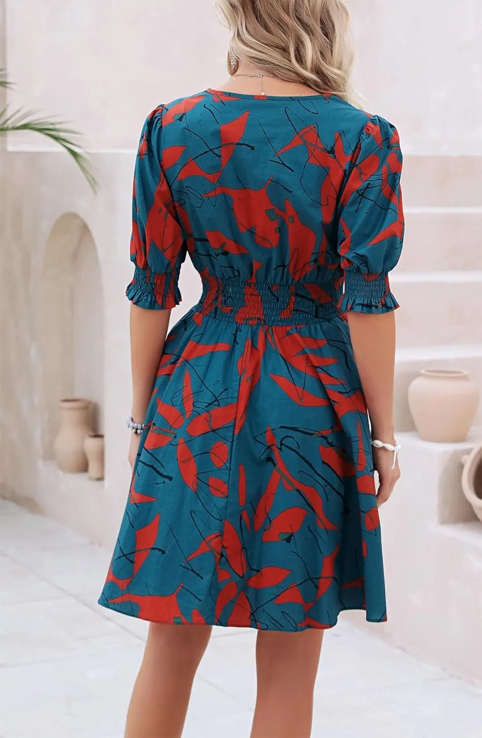 Kormei Women's Floral Print V Neck Dress Short Puff Sleeve Smocked Waist Ruffle Hem Flare Short Dress