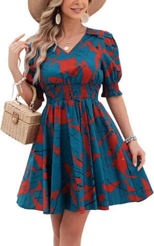 Kormei Women's Floral Print V Neck Dress Short Puff Sleeve Smocked Waist Ruffle Hem Flare Short Dress