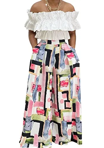 LAJIOJIO High Waisted Wide Leg Floral Print Pants