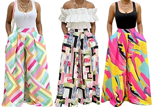 LAJIOJIO High Waisted Wide Leg Floral Print Pants