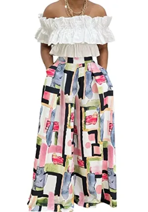 LAJIOJIO High Waisted Wide Leg Floral Print Pants