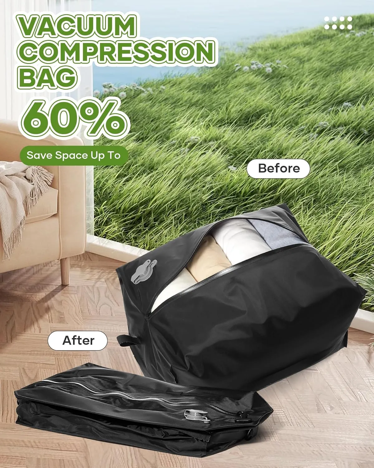 Large Vacuum Seal Bags for Clothing,Travel Pack Vacuum Kit,Compression Bag with Waterproof Zipper,Space Saver Bag for Suitcases BackpackBlack 1PC Pump24L