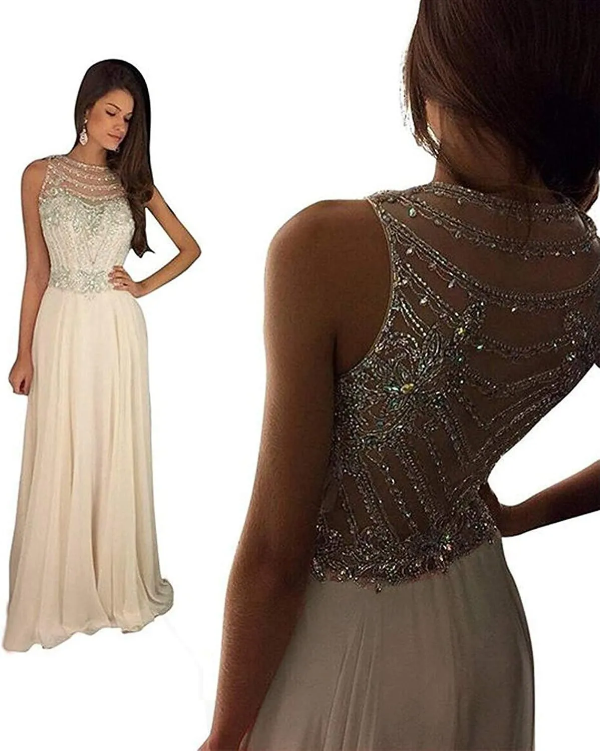 Lemai Sheer Back Beaded Long A Line Chiffon Prom Dresses Evening Formal Gowns