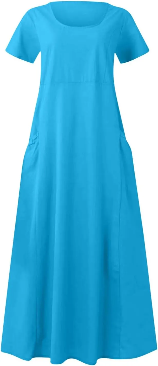 Linen Dresses for Women Short Sleeve Crewneck Loose Midi Dresses Lightweight Casual Flowy Summer Dress with Pockets