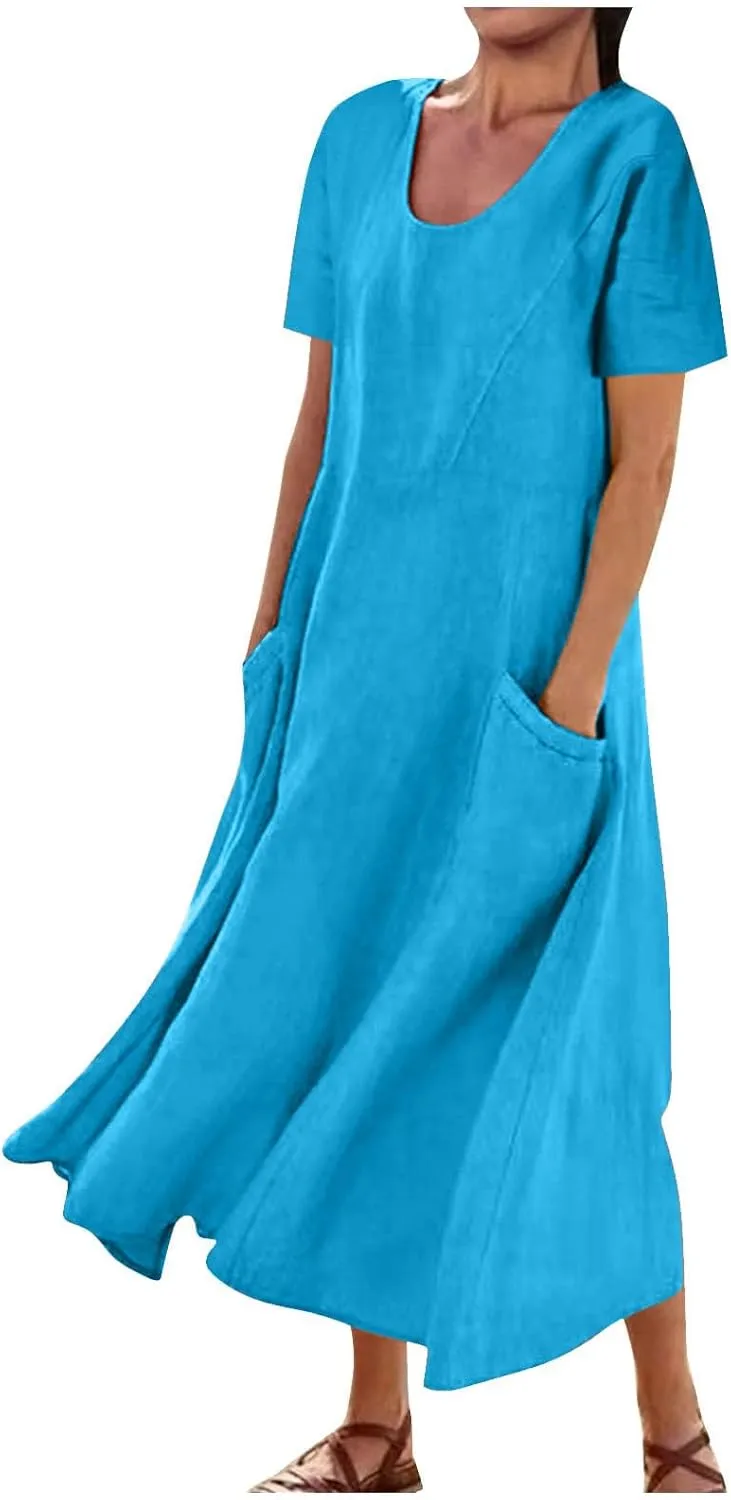 Linen Dresses for Women Short Sleeve Crewneck Loose Midi Dresses Lightweight Casual Flowy Summer Dress with Pockets
