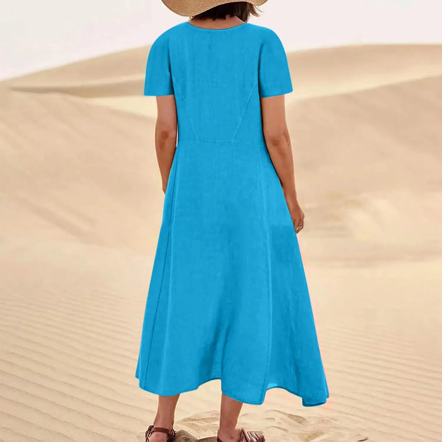 Linen Dresses for Women Short Sleeve Crewneck Loose Midi Dresses Lightweight Casual Flowy Summer Dress with Pockets