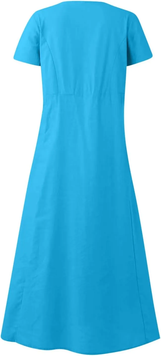 Linen Dresses for Women Short Sleeve Crewneck Loose Midi Dresses Lightweight Casual Flowy Summer Dress with Pockets