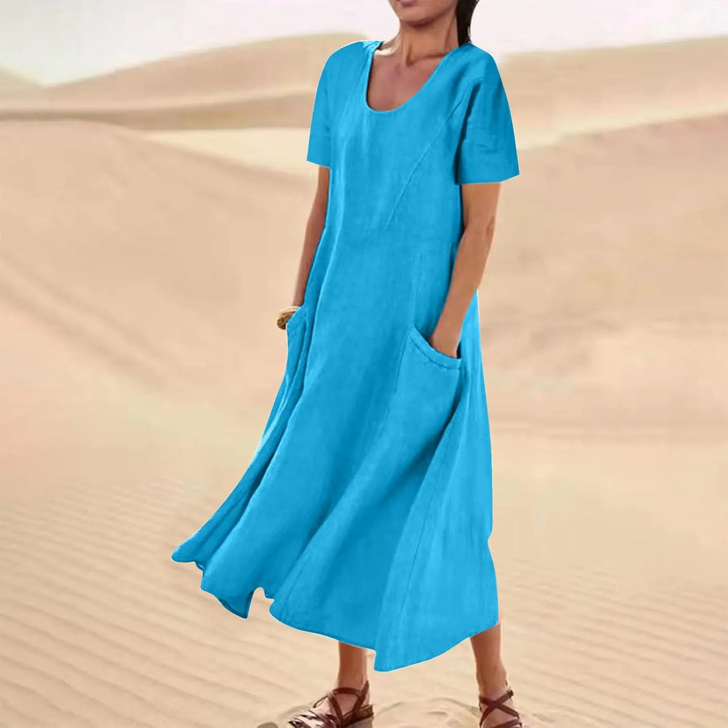 Linen Dresses for Women Short Sleeve Crewneck Loose Midi Dresses Lightweight Casual Flowy Summer Dress with Pockets