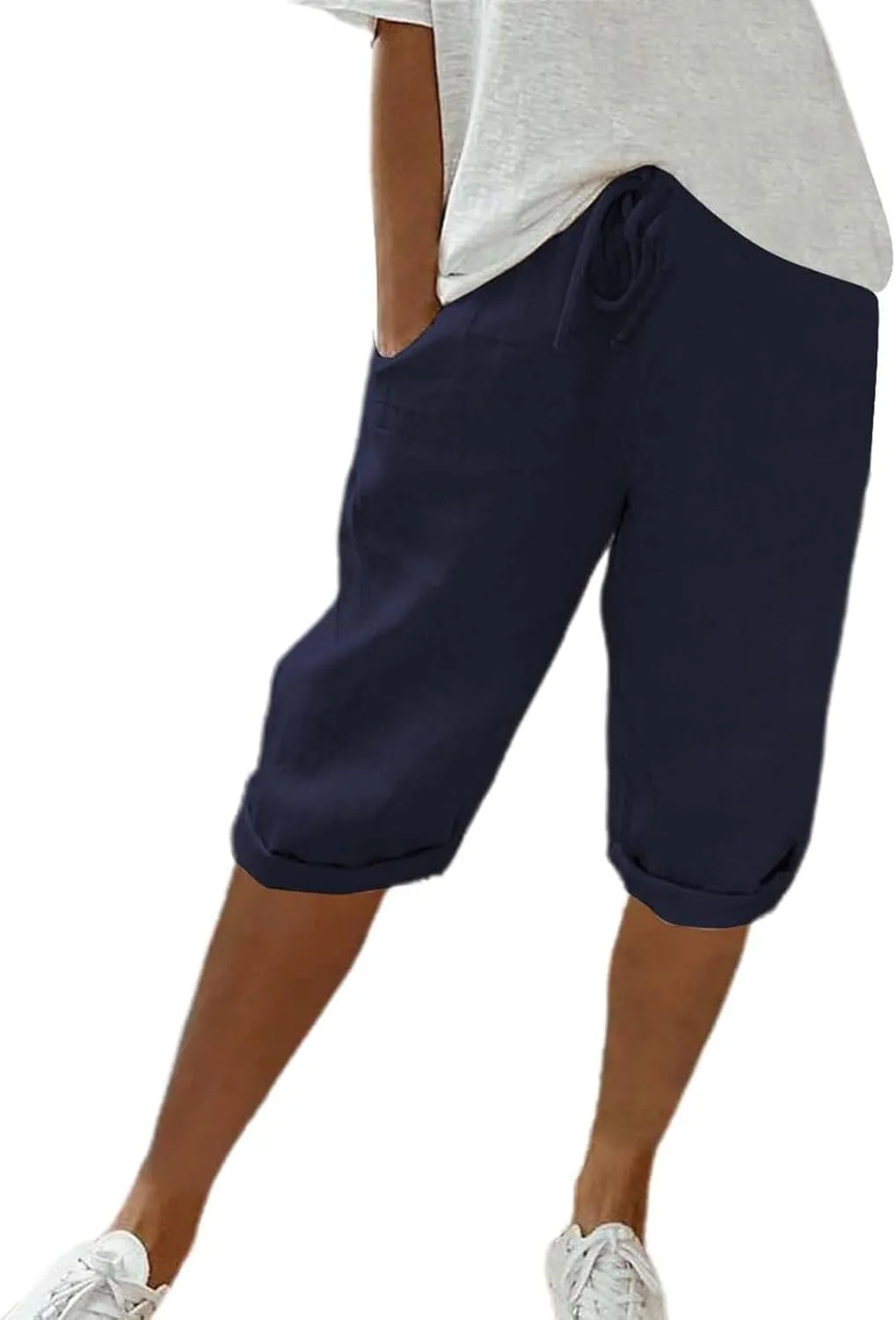 Linen Pants Women Drawstring Summer Loose Womens Capris Cotton Cargo Capri Pants for Women Stretch Petite Short