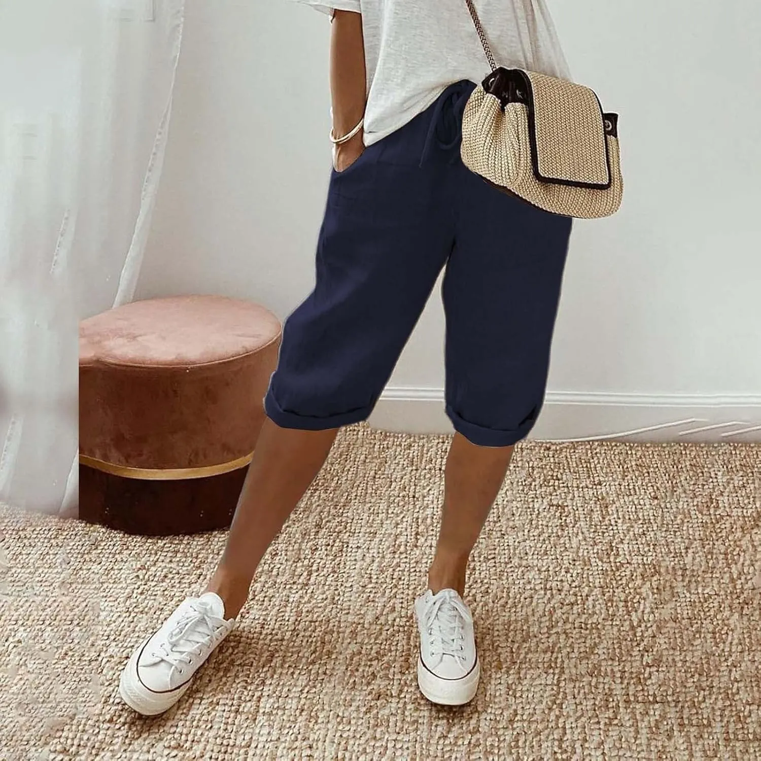 Linen Pants Women Drawstring Summer Loose Womens Capris Cotton Cargo Capri Pants for Women Stretch Petite Short