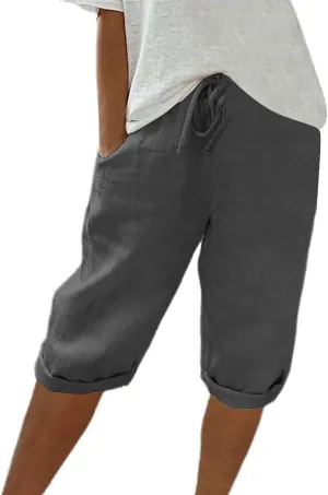 Linen Pants Women Drawstring Summer Loose Womens Capris Cotton Cargo Capri Pants for Women Stretch Petite Short