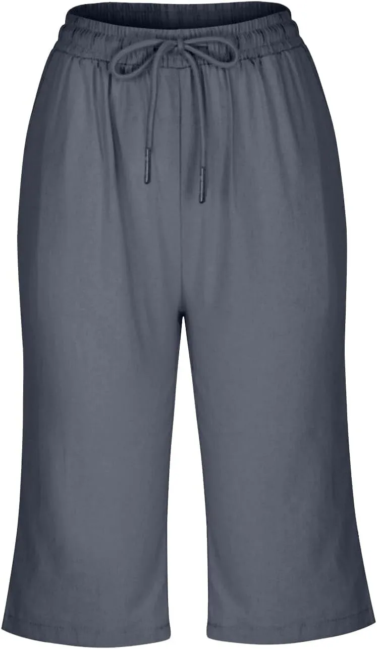 Linen Pants Women Drawstring Summer Loose Womens Capris Cotton Cargo Capri Pants for Women Stretch Petite Short