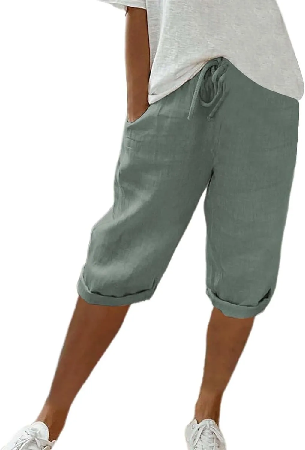 Linen Pants Women Drawstring Summer Loose Womens Capris Cotton Cargo Capri Pants for Women Stretch Petite Short