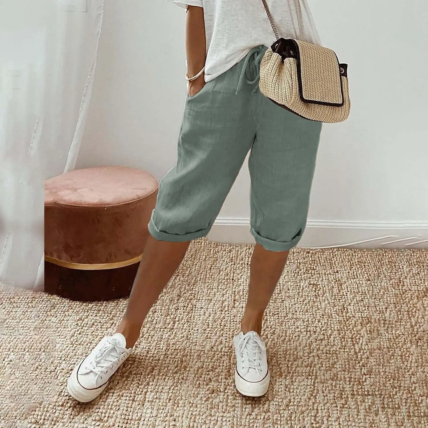 Linen Pants Women Drawstring Summer Loose Womens Capris Cotton Cargo Capri Pants for Women Stretch Petite Short