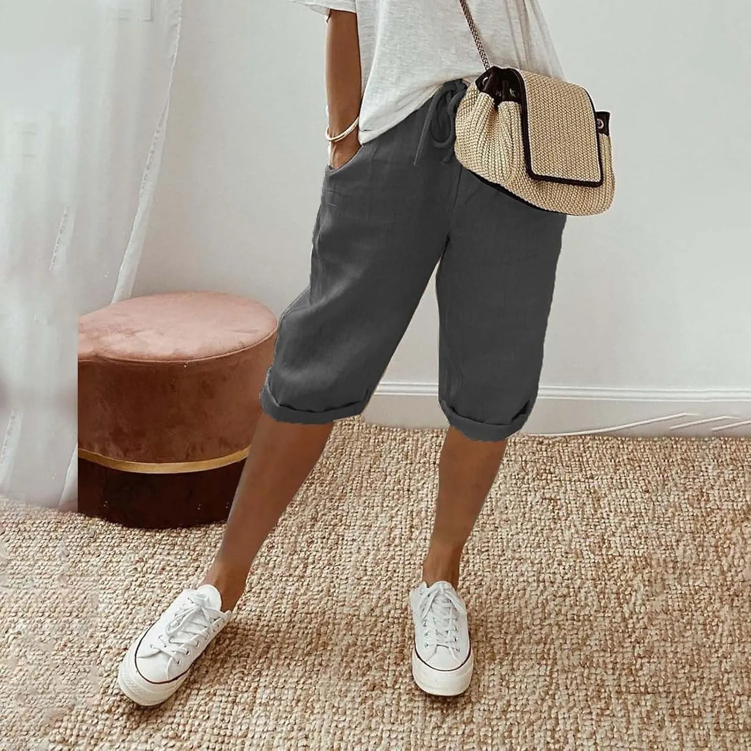 Linen Pants Women Drawstring Summer Loose Womens Capris Cotton Cargo Capri Pants for Women Stretch Petite Short