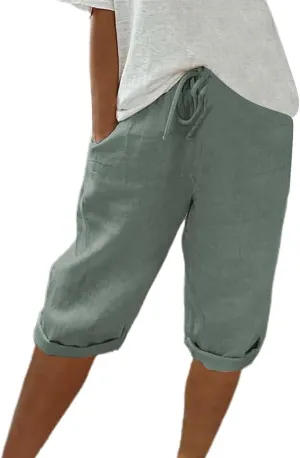 Linen Pants Women Drawstring Summer Loose Womens Capris Cotton Cargo Capri Pants for Women Stretch Petite Short
