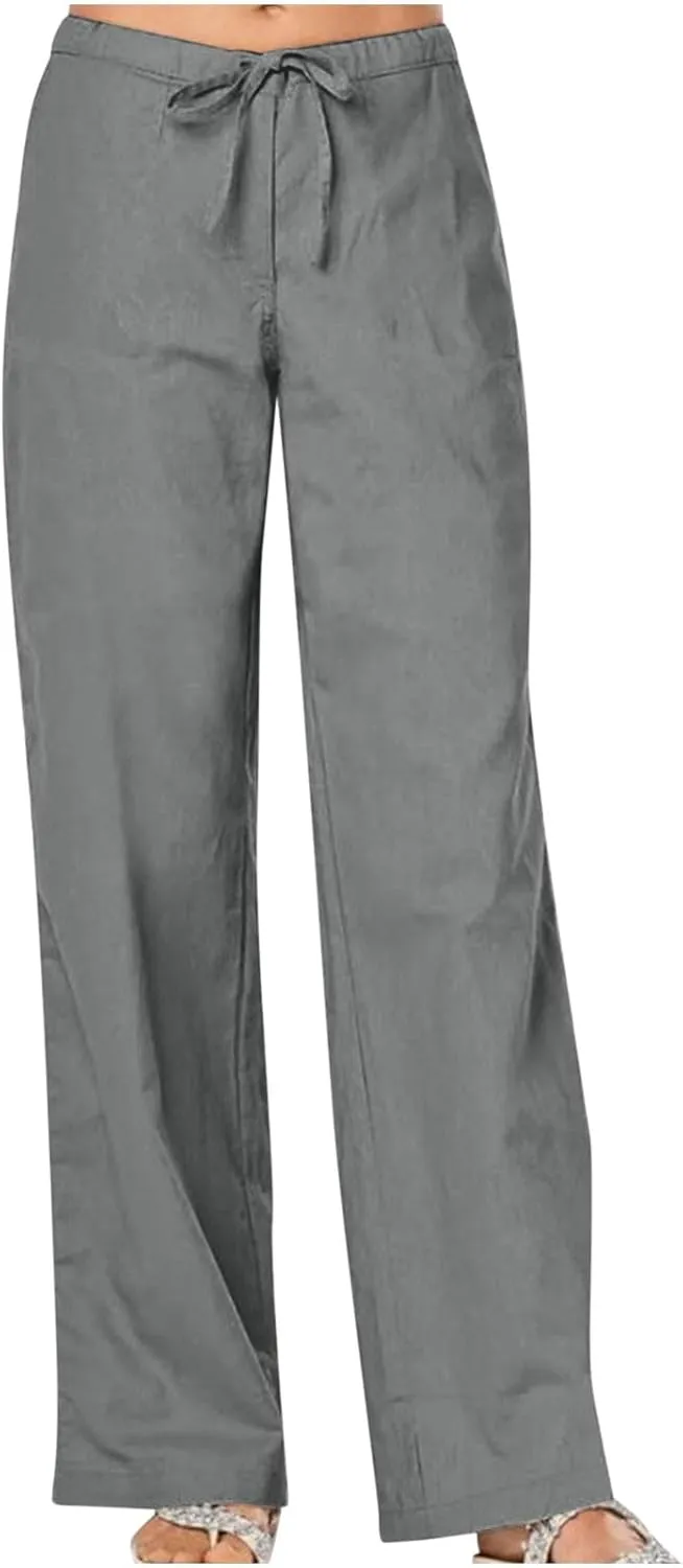 Linen Pants Women Lightweight Wide Leg Pants Loose Fit Drawstring High Waist Straight Trousers with Pockets Summer