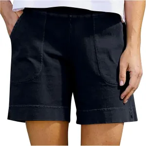 Linen Shorts for Women Summer Elastic High Waist Pant Beach Lounge Short Pants Vacation Outfits with Pockets