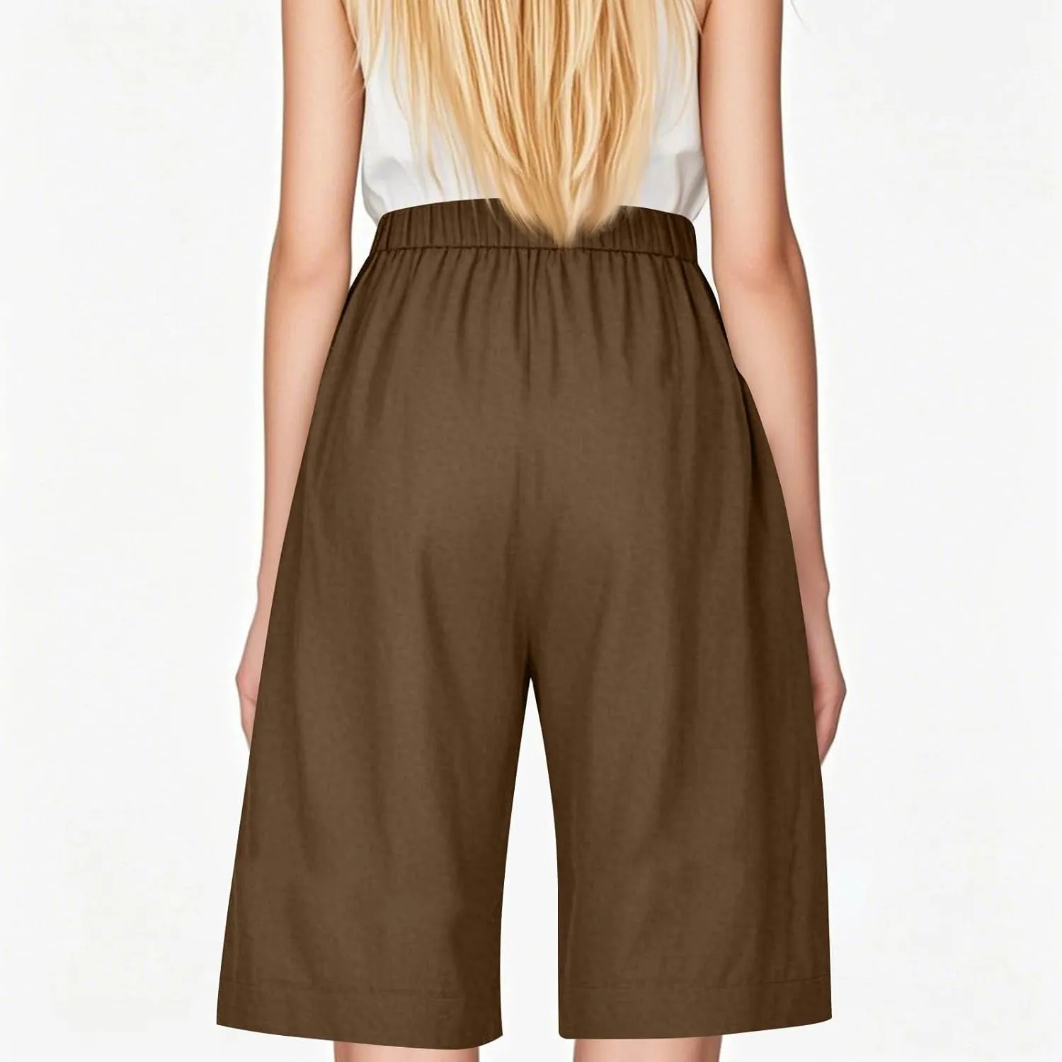 Linen Shorts for Women Trendy Summer Lightweight Long Shorts Drawstring High Waist Knee Length Beach Pants w/Pockets