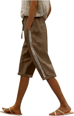 Linen Shorts for Women Trendy Summer Lightweight Long Shorts Drawstring High Waist Knee Length Beach Pants w/Pockets