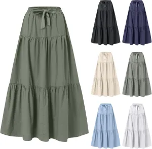 Long Skirts for Women Trendy High Waisted Tiered A Line Linen Skirt Casual Flowy Pleated Beach Maxi Skirts with Tie